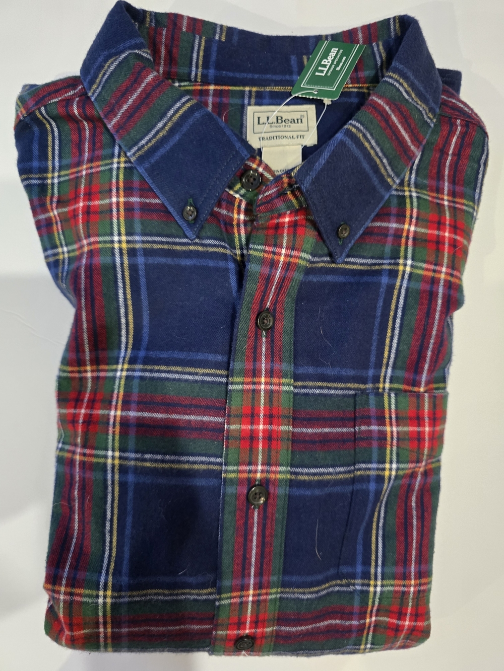 L.L. Bean Men's Navy, Red and Green Stewart Plaid Button-Down Shirt